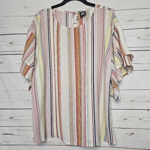 Bobeau Striped Ruffle Sleeve Top